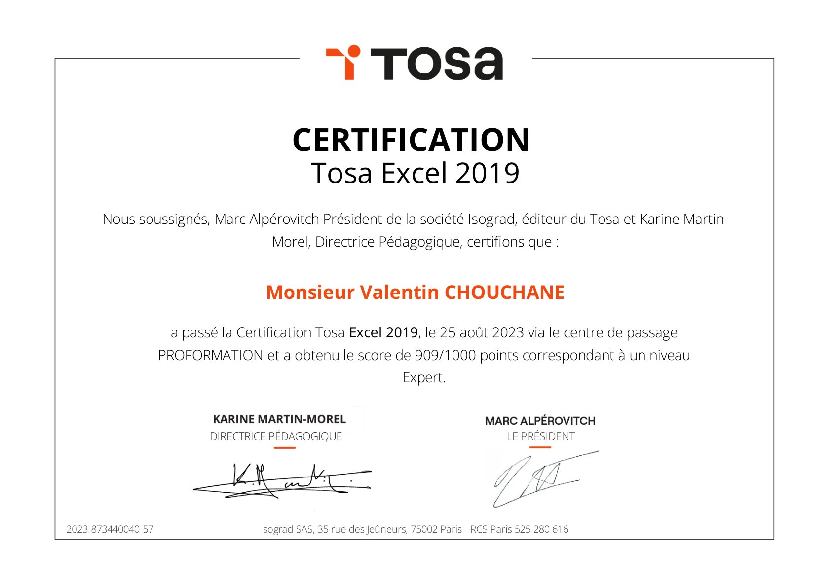 Certificat Tosa Excel 2019 de Valentin Chouchane, 909/1000, niveau Expert