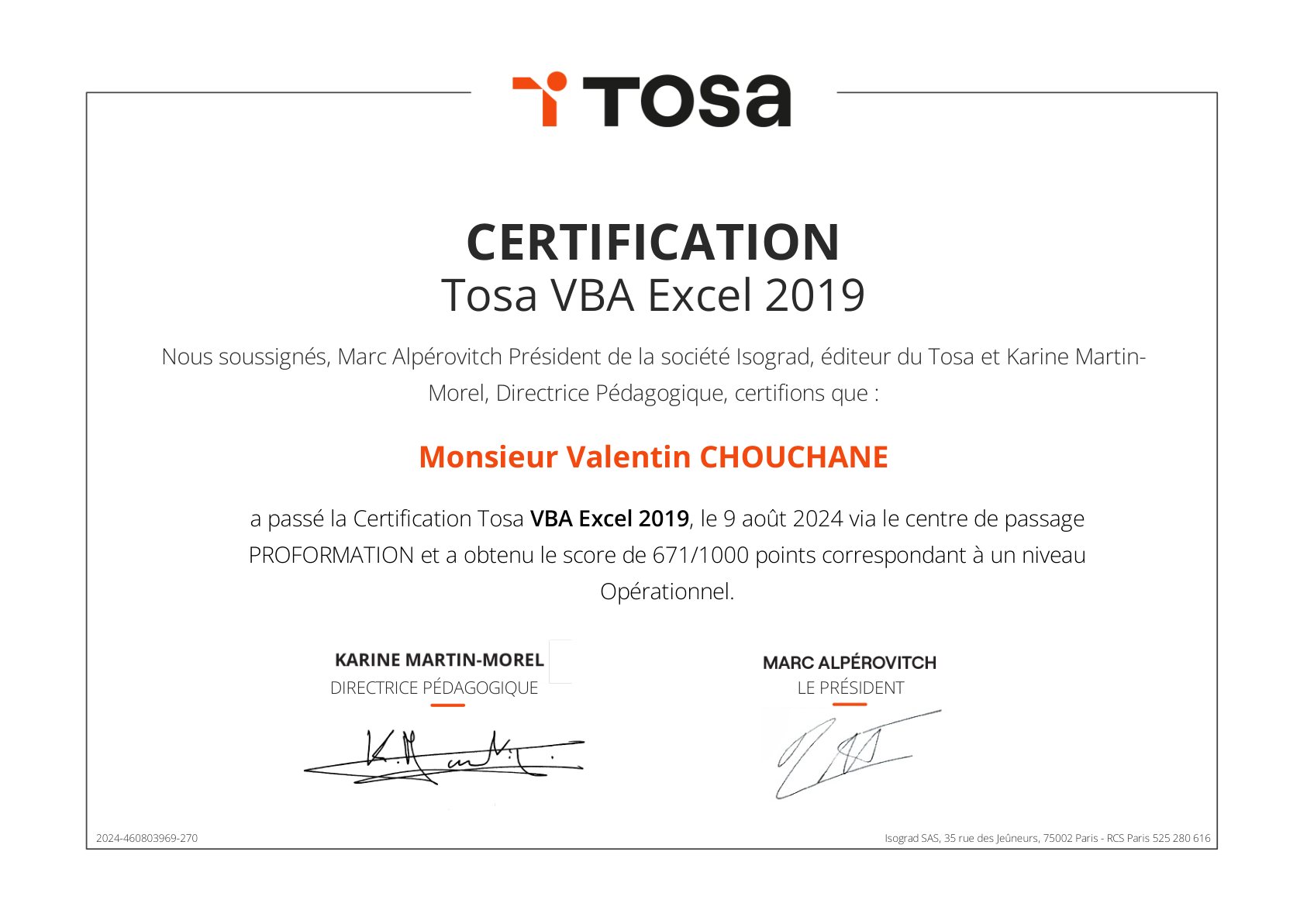 Certificat Tosa VBA Excel 2019 de Valentin Chouchane, 671/1000, niveau Operationnel